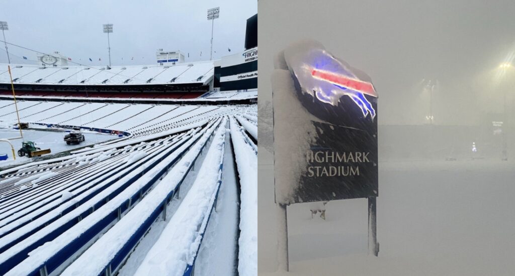 Photos show snow falling hard at Highmark Stadium in Buffalo.