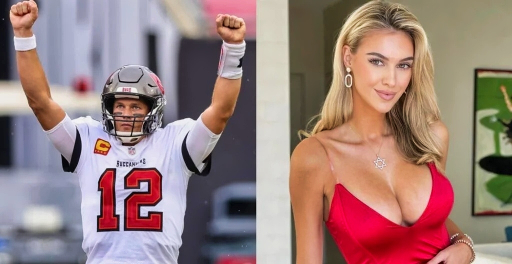 Tom Brady raises his arms in one pic, while Veronika Rajek poses in a red dress in the other.
