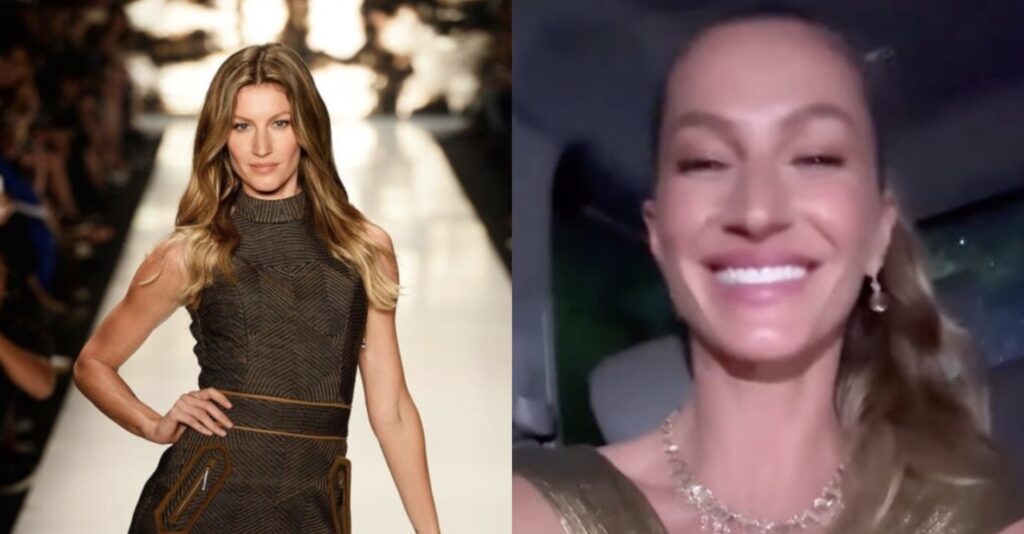 Gisele Bundchen poses on the runway in one photo and smiles for a selfie in another photo.