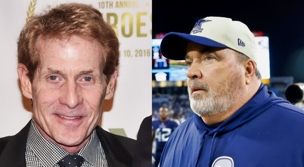 Skip Bayless smiling for photo (left). Dallas Cowboys head coach Mike McCarthy walking off field after game (right).