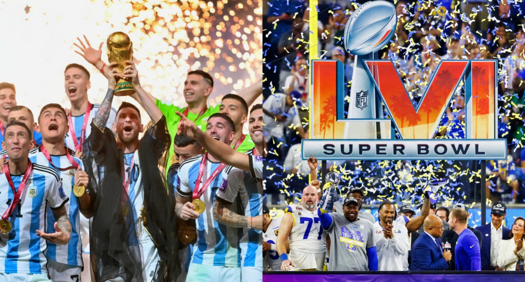 Argentina players celebrate with the FIFA World Cup (left). Los Angeles Rams players with the Super Bowl trophy (right).