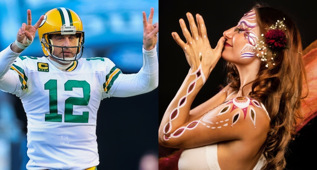 Photo of Aaron Rodgers holding up deuces and photo of Blue of Earth in prayerful stance