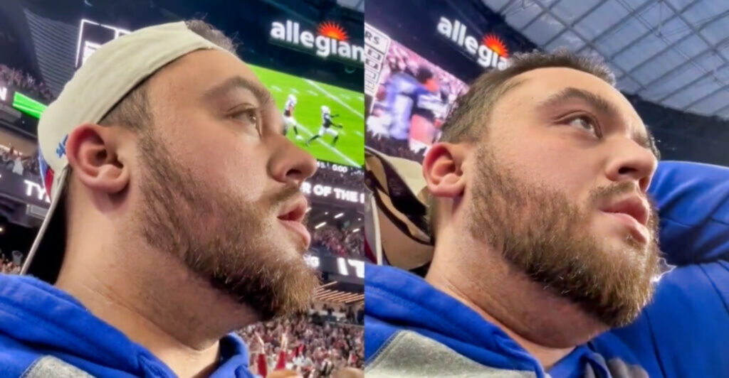 A New England Patriots fan reacts to the team's stunning last-second loss to the Las Vegas Raiders.