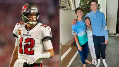 Photo of Tom Brady and photo of his three kids