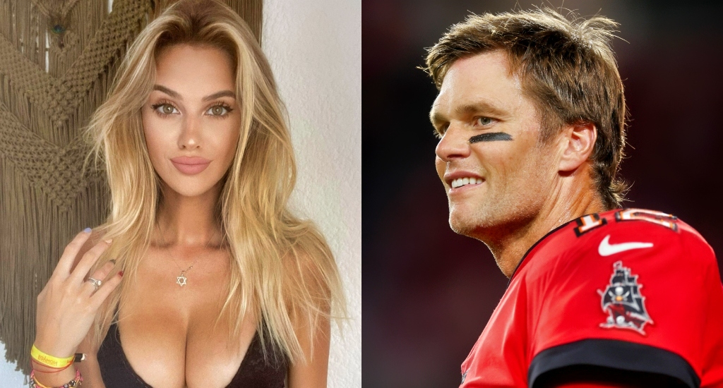 a pic of Veronika Rajek posing for camera and a pic of Tom Brady smiling on the field.