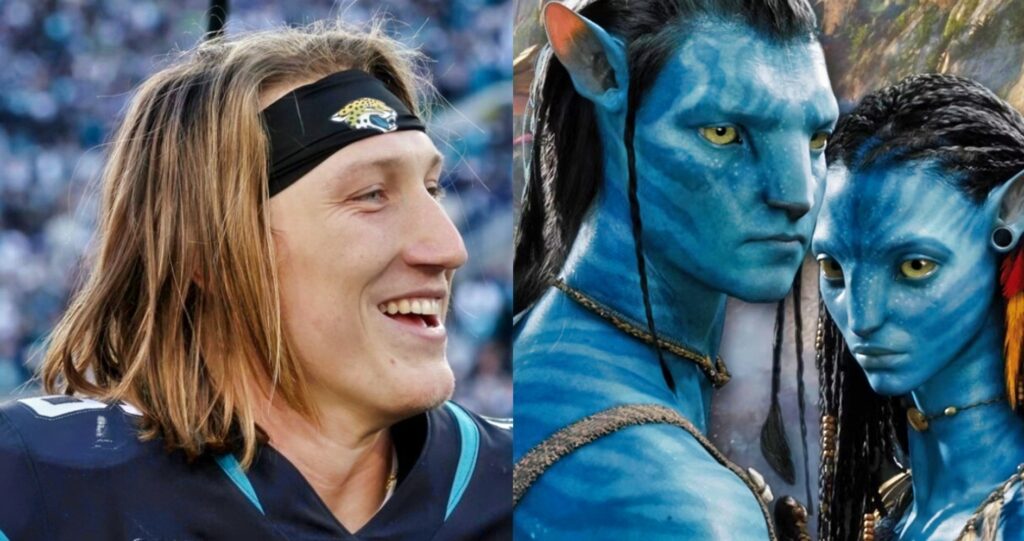 A split photo of Trevor Lawrence and the characters from Avatar.