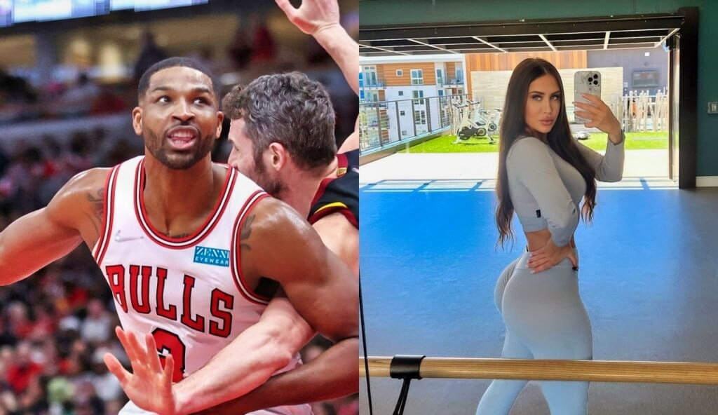 Tristan Thompson ina  Bulls uniform while other picture shows the mother of his child posing in tights