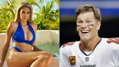 Photo of Veronika Rajek in lingerie and photo of Tom Brady smiling