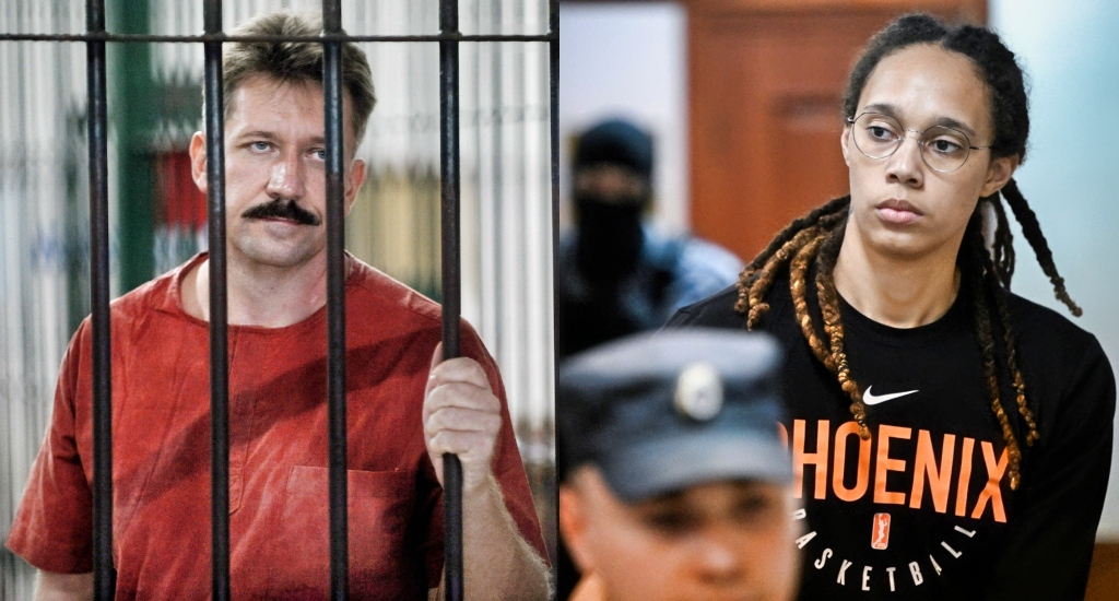 A picture of Viktor Bout in his jail cell and a picture of Brittney Griner in the courtroom.
