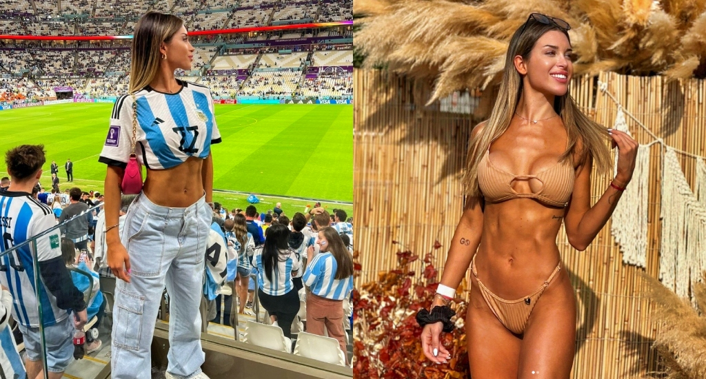 Lauraro Martinez's girflriend Agustina Gandolfo posing in Argentina jersey and in a bathing suit