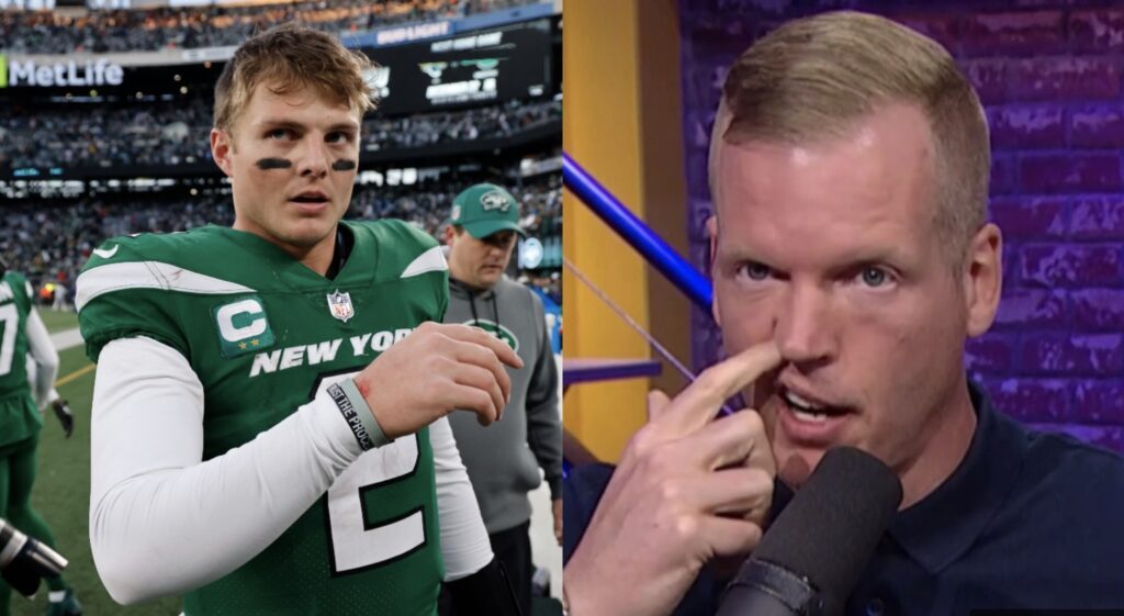 Split image of Zach Wilson walking off the field and Chris Simms picking his nose.