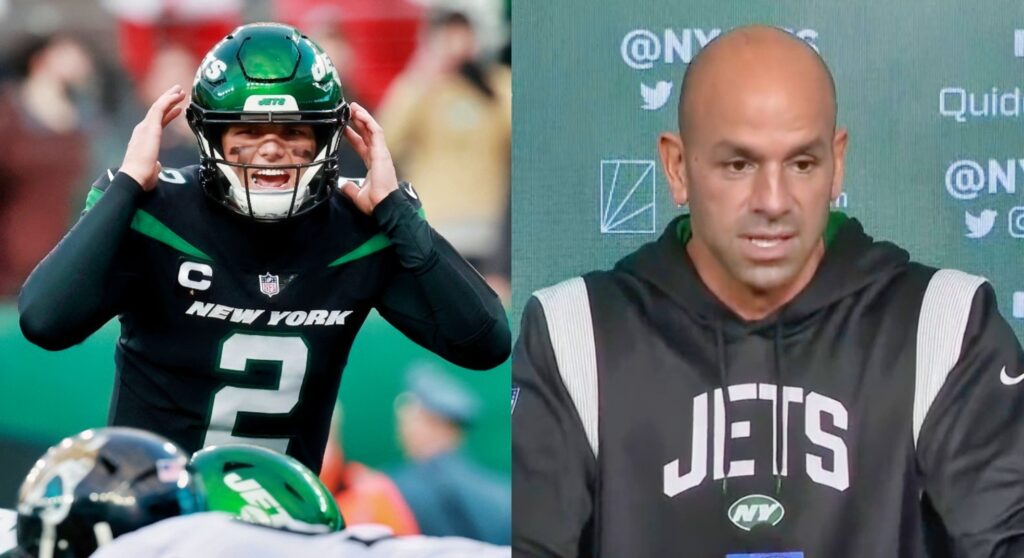 Split image of Zach Wilson at the line of scrimmage and Robert Saleh at a press conference.