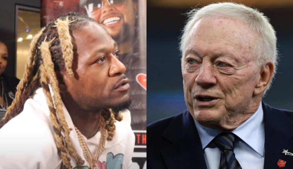 Adam “Pacman” Jones talking into a mic while picture shows Jerry Jones in a blue suit