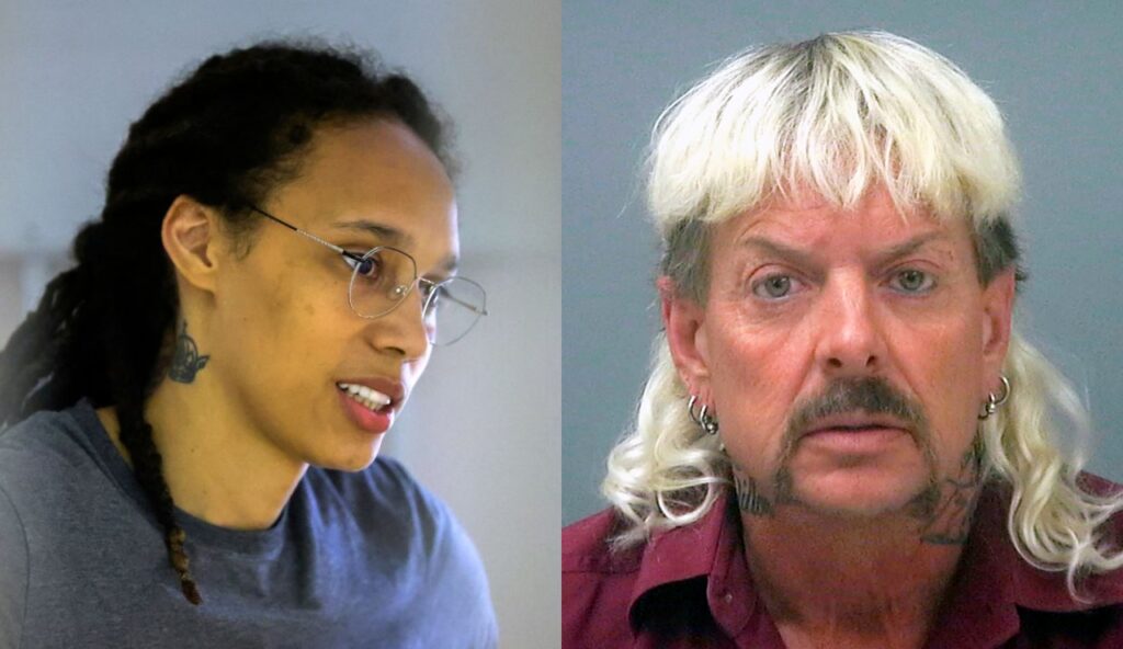 Brittney Griner in a way gray shirt with glasses on while other picture shows Joe Exotic mug shot