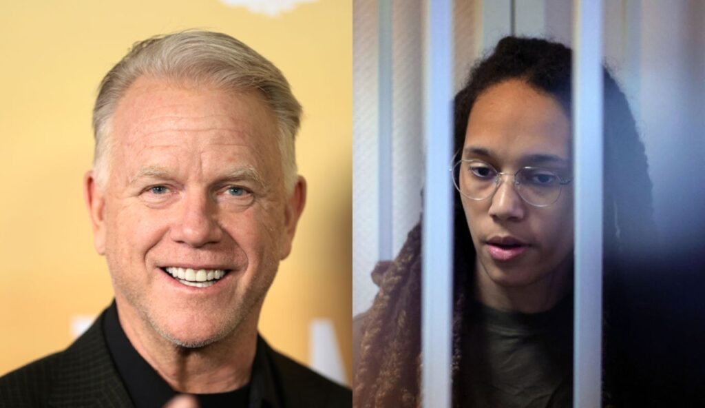 Boomer Esiason smiling and posing in suit while Brittney Griner is in holding cell