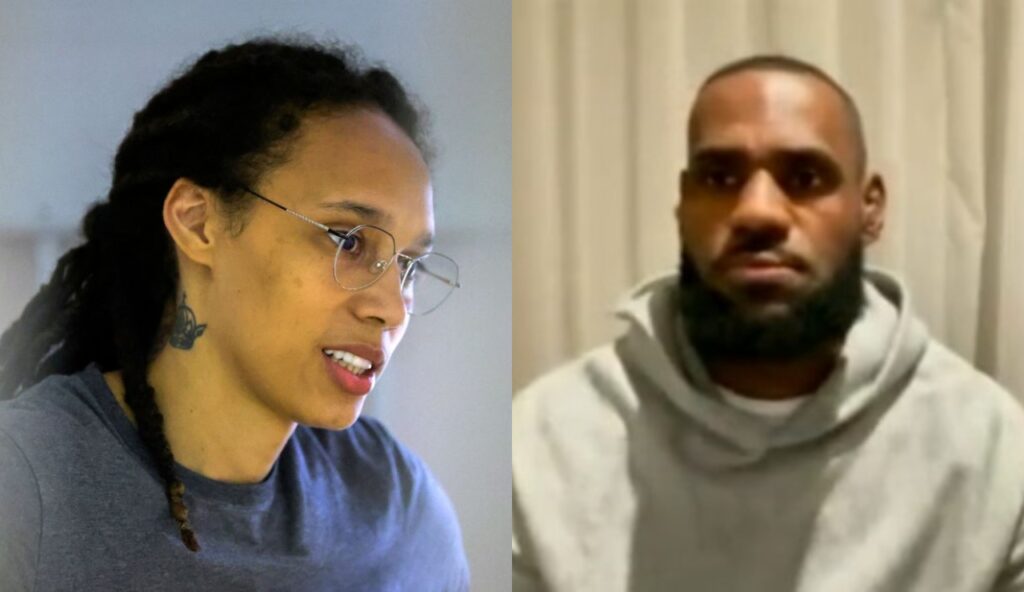 Brittney Griner with dreadlocks and glasses on while Lebron sits with a hoodie on
