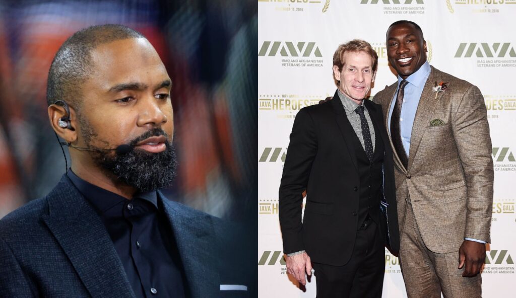 Charles Woodson in black suit with an ear piece in while picture shows Skip Bayless and Shannon Sharpe posing