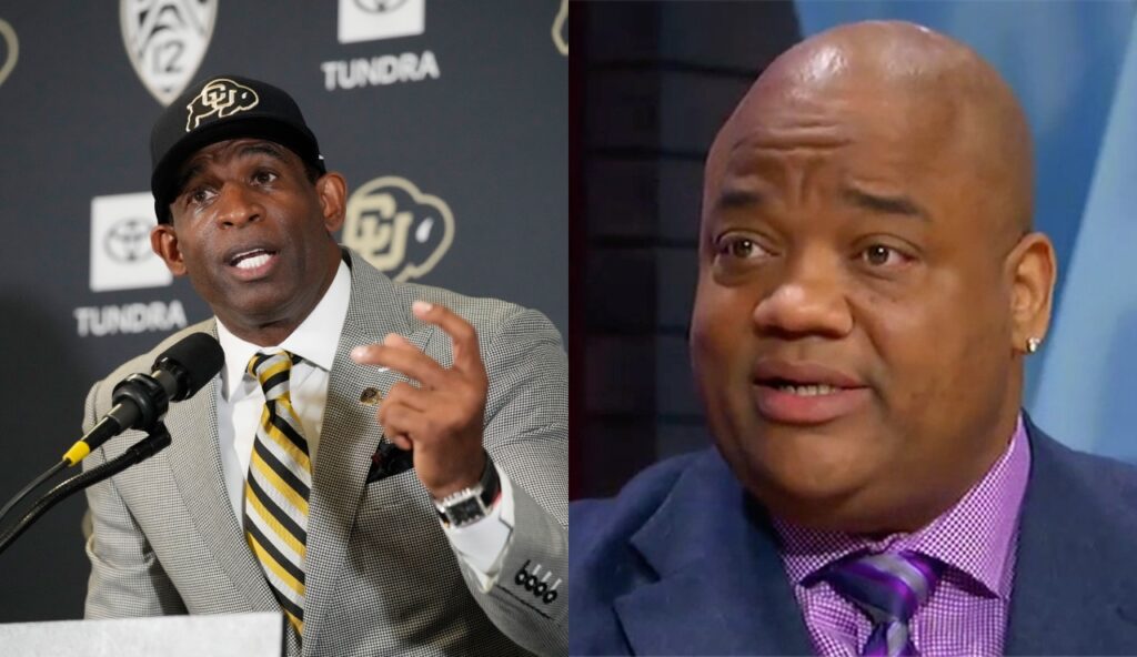 Deion Sanders with Colorado hat on with mic in front while picture shows Jason Whitlock in suit