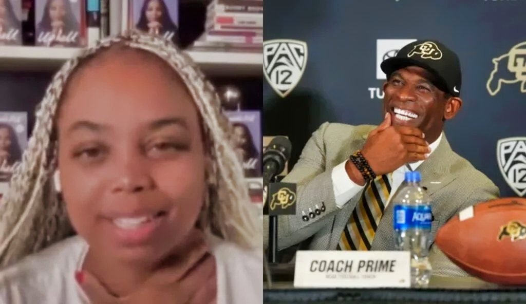 Jemele Hill doing interview from home while Deion Sanders is seated at press conference and smiling