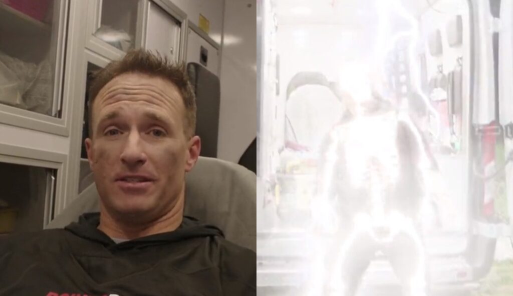 Drew Brees in an ambulance and Drew Brees being struck by fake lightning