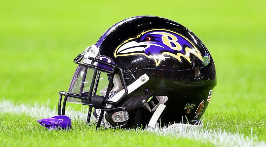Baltimore Ravens helmet lying down at M&T Bank Stadium ahead of 2020 playoff game.