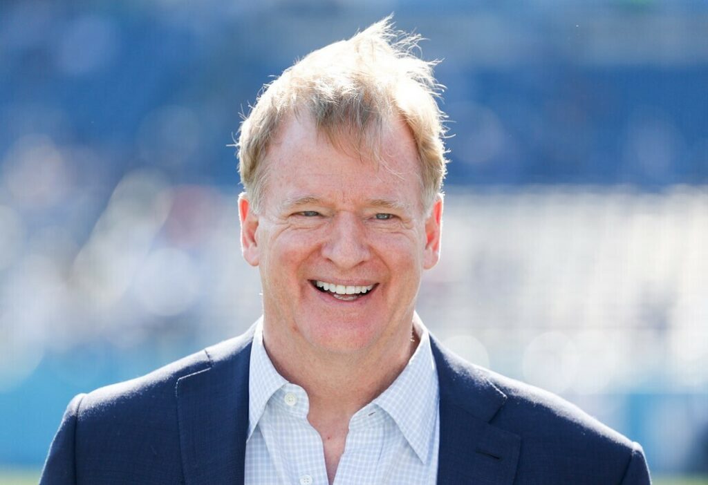 NFL commissioner Roger Goodell smiling ahead of a game between the Indianapolis Colts and Tennessee Titans.