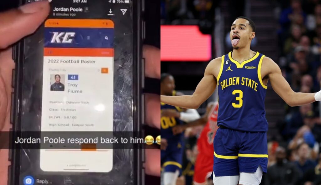 Jordan Poole sticking his tongue out while picture shows picture of direct messages on Instagram