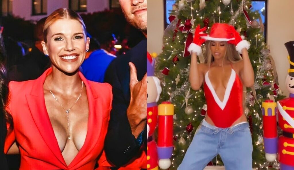 Kelly Stafford in red suit while other picture shows Ciara in Santa outfit
