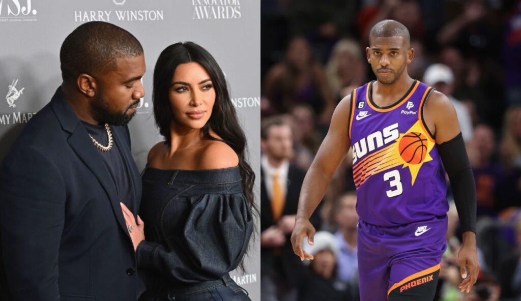 Kim Kardashian and Kanye West posing while other picture shows Chris Paul in uniform on court