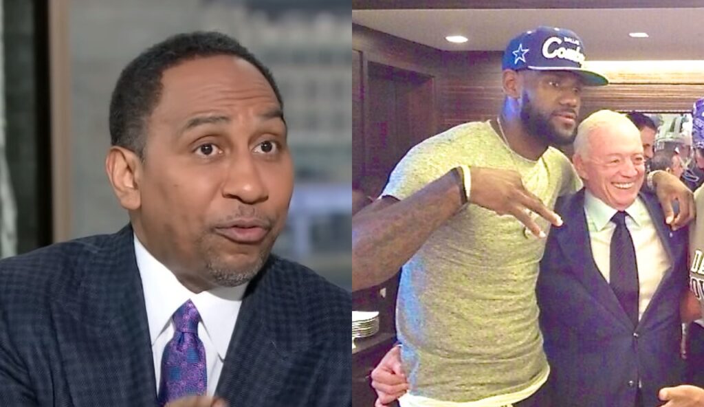 Stephen A. Smith in a suit while other picture shows LeBron James and Jerry Jones posing for photo