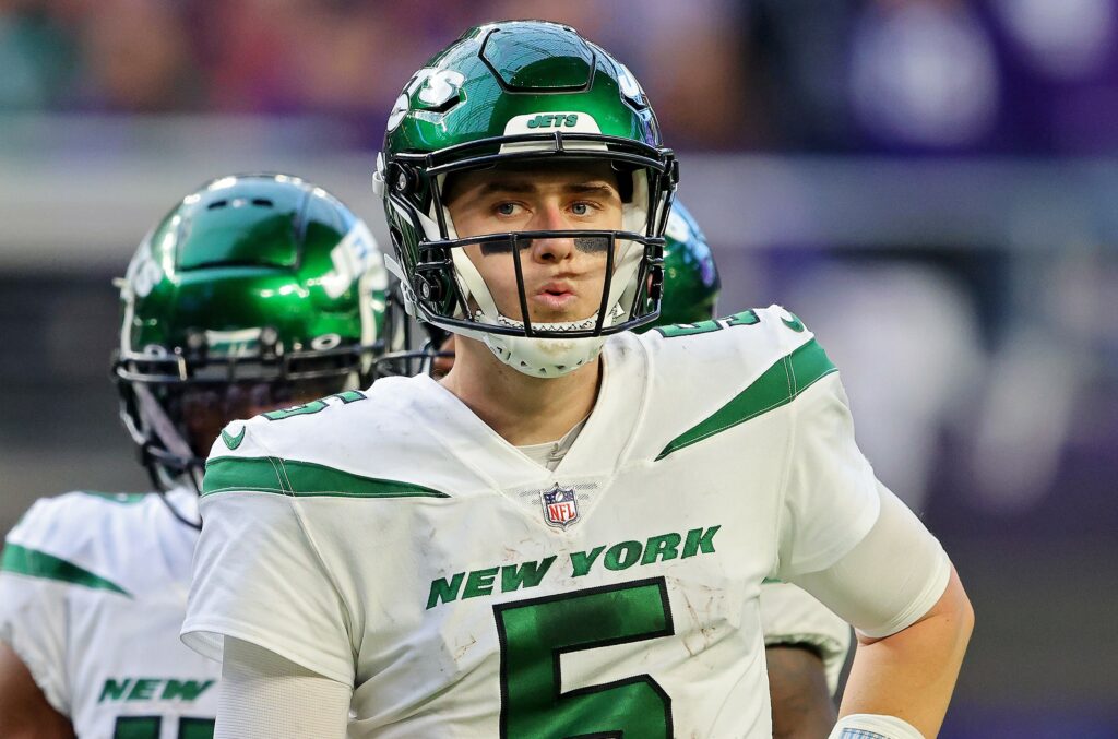 New York Jets quarterback Mike White looks on during a game against the Minnesota Vikings.