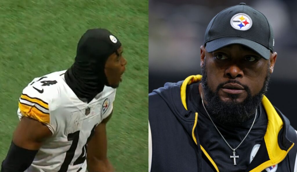 George Pickens yelling without helmet on while Mike Tomlin has Steelers cap and jacket on