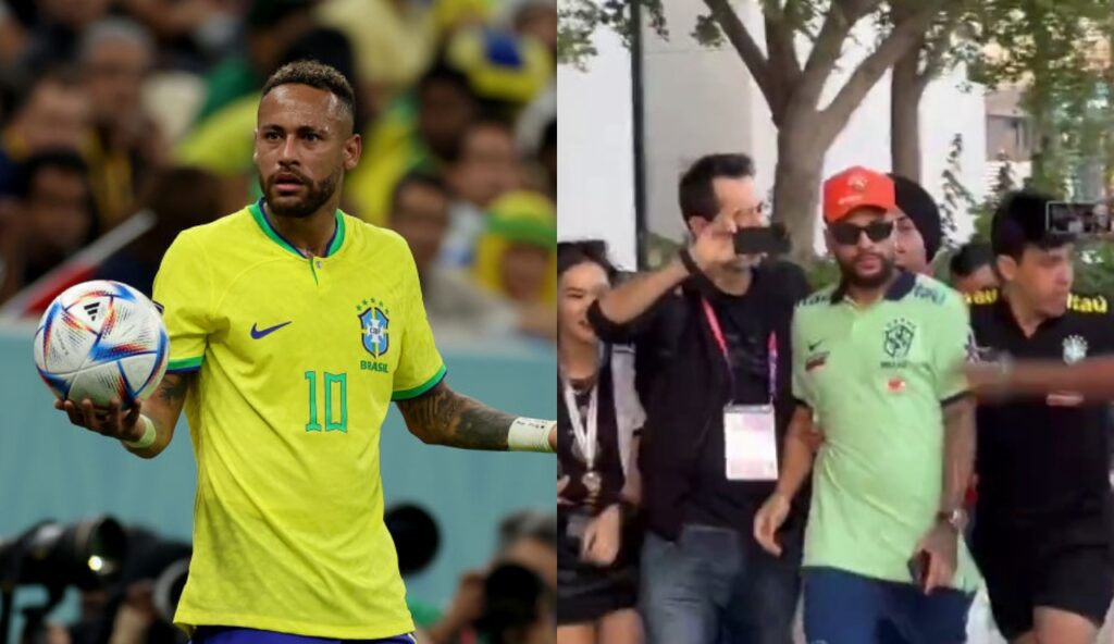 Neymar holding soccer ball looking confused while a fake Neymar gets mobbed by fans and media