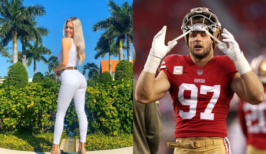 Nick Bosa with his helmet on his head while his ex-girlfriend poses with a white outfit on