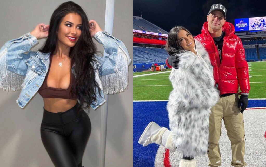 Jordan Poyer and wife, rachel posing on field while other photo shows Rachel Bush by herself posing