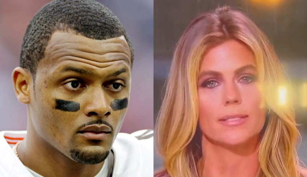 Sam Ponder looking emotional on TV while picture shows Deshaun Watson without his helmet on