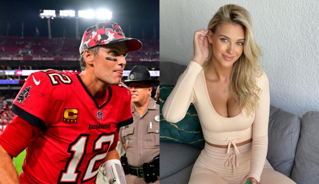 Tom Brady sticking his tongue out while model Veronika Rajek poses for picture 