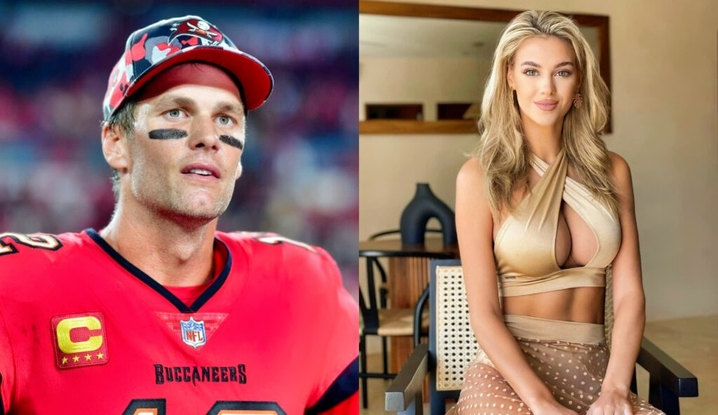 Tom Brady in uniform with a cap on while a model poses