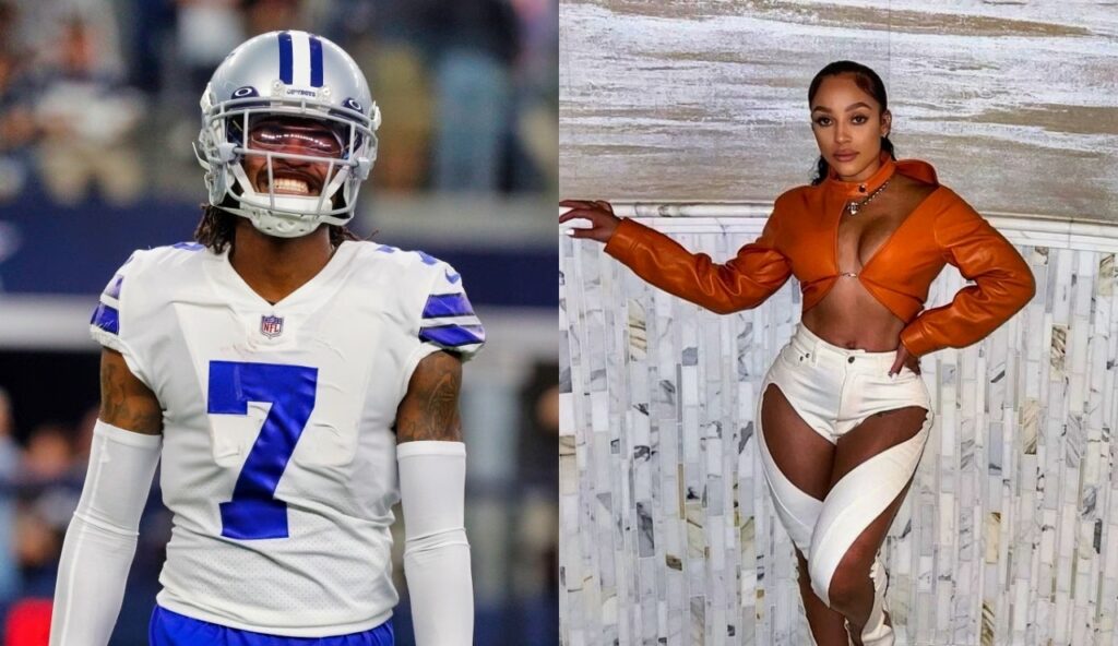 Trevon Diggs smiling while in uniform while picture shows IG model Joie Chavis