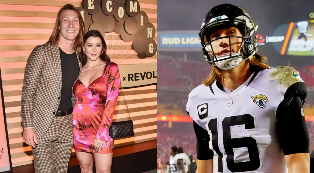Trevor Lawrence and Marissa Mowry together (left). Lawrence walking off field at Arrowhead (right).