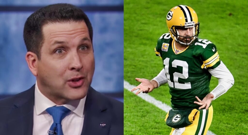 Spit Image Of Adam Schefter surprised and Aaron Rodgers shrugging. 