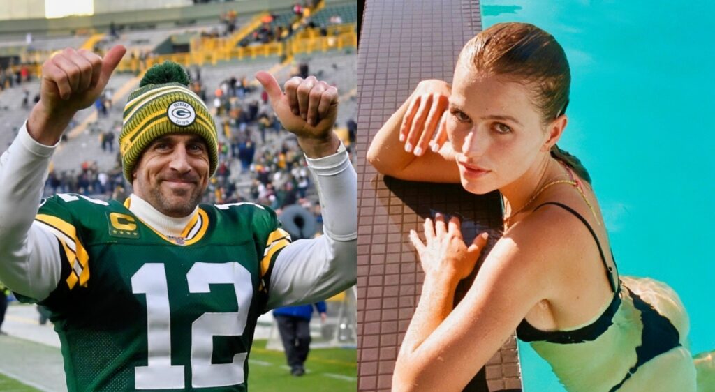 Split photo of Aaron Rodgers giving the thumbs up on the left and Mallory Edens posing in the pool on the right.