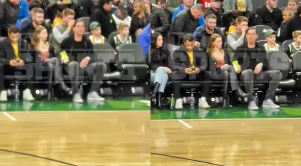 Two photos of Aaron Rodgers and his new GF sharing a snack at NBA game