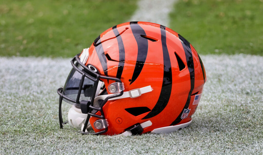 A Cincinnati Bengals helmet sitting on the sidelines during a 2020 game.