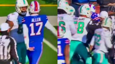 Two photos of brawl between Buffalo Bills and Miami Dolphins