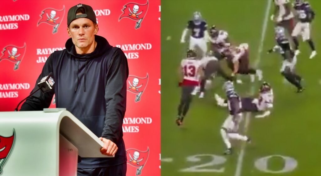 Tampa Bay Buccaneers quarterback Tom Brady speaking to media (left). Brady tries slide tackle in game vs. Dallas Cowboys (right).