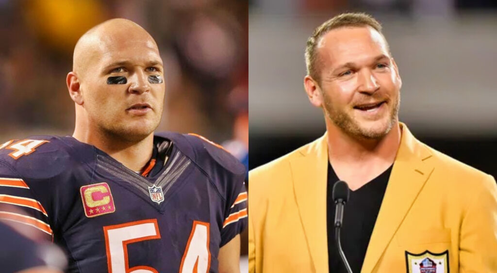 Photo of Brian Urlacher in Bears uniform and photo of Brian Urlacher wearing suit