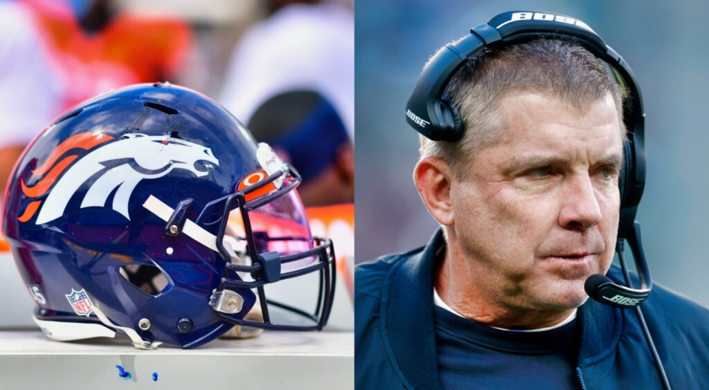 A Denver Broncos helmet during a 2021 game (left). New Orleans Saints head coach Sean Payton looking on (right).