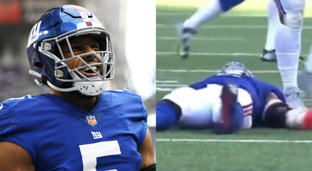 New York Giants linebacker Kayvon Thibodeaux smiling (left). Thibodeaux does a snow angel after a sack (right).