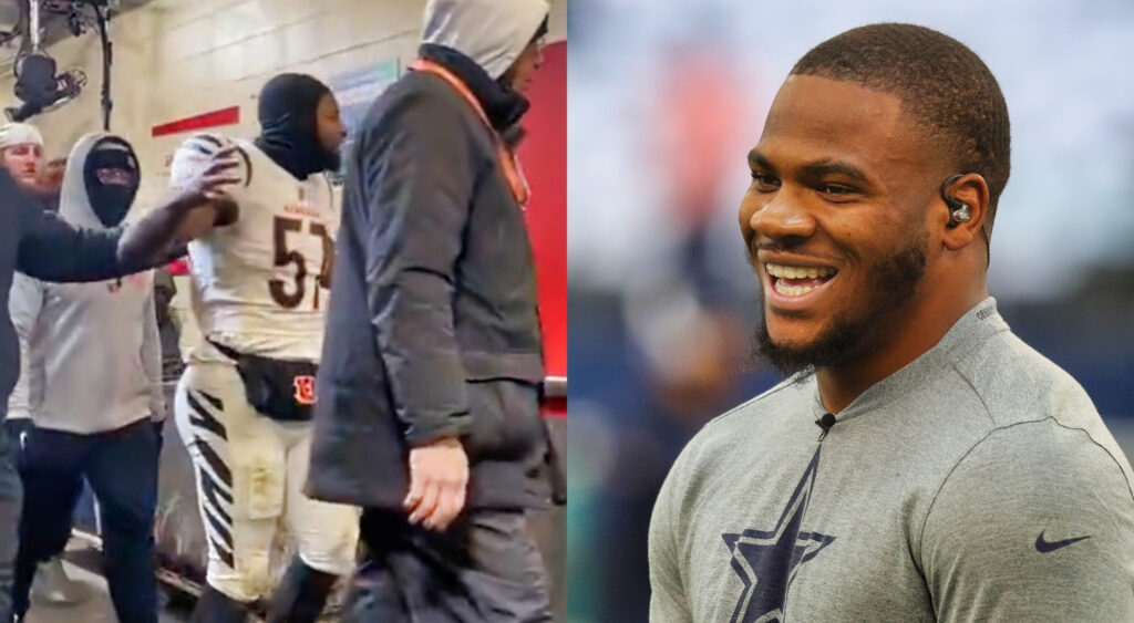 Micah Parsons in Cowboys gear while picture shows Germaine Pratt without helmet